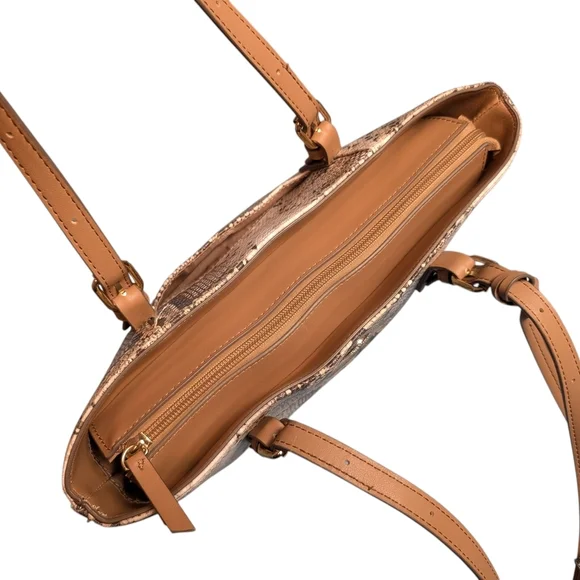 Anne Klein Snakeskin Pattern Tote Bag Matching Attached Keytag ID Tag Tan Straps - Picture 9 of 14